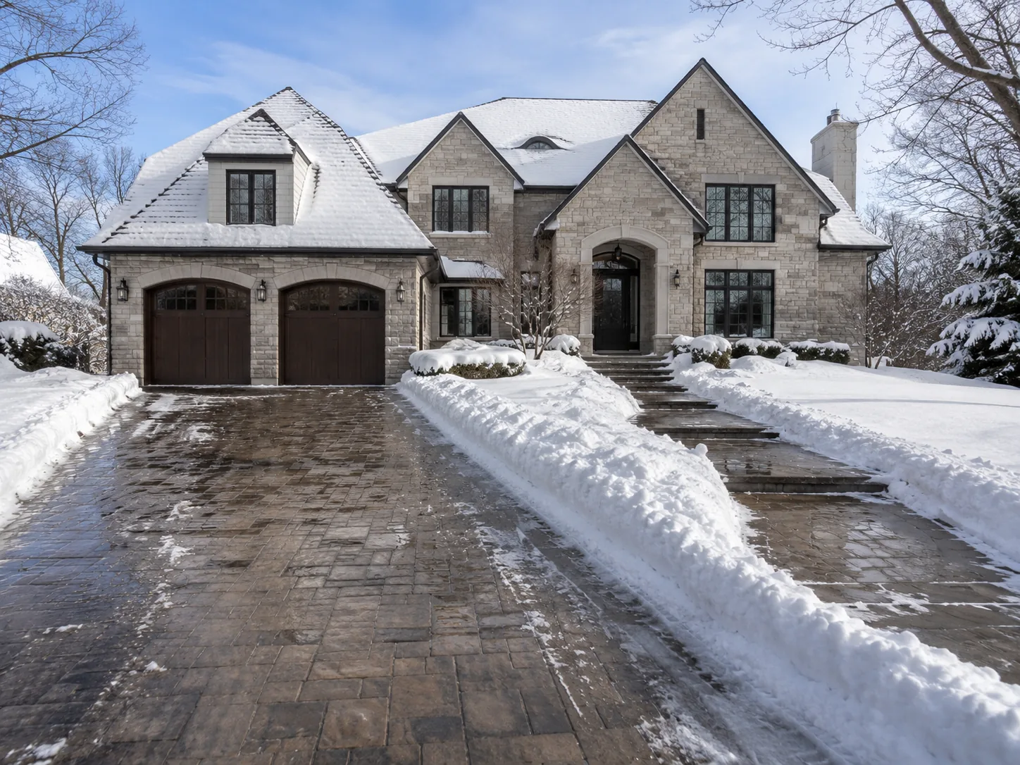 Grande entrée résidentielle déneigée devant une maison en hiver